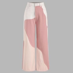 Cider Patchy Straight Leg Jeans, Pink and Cream, XS
